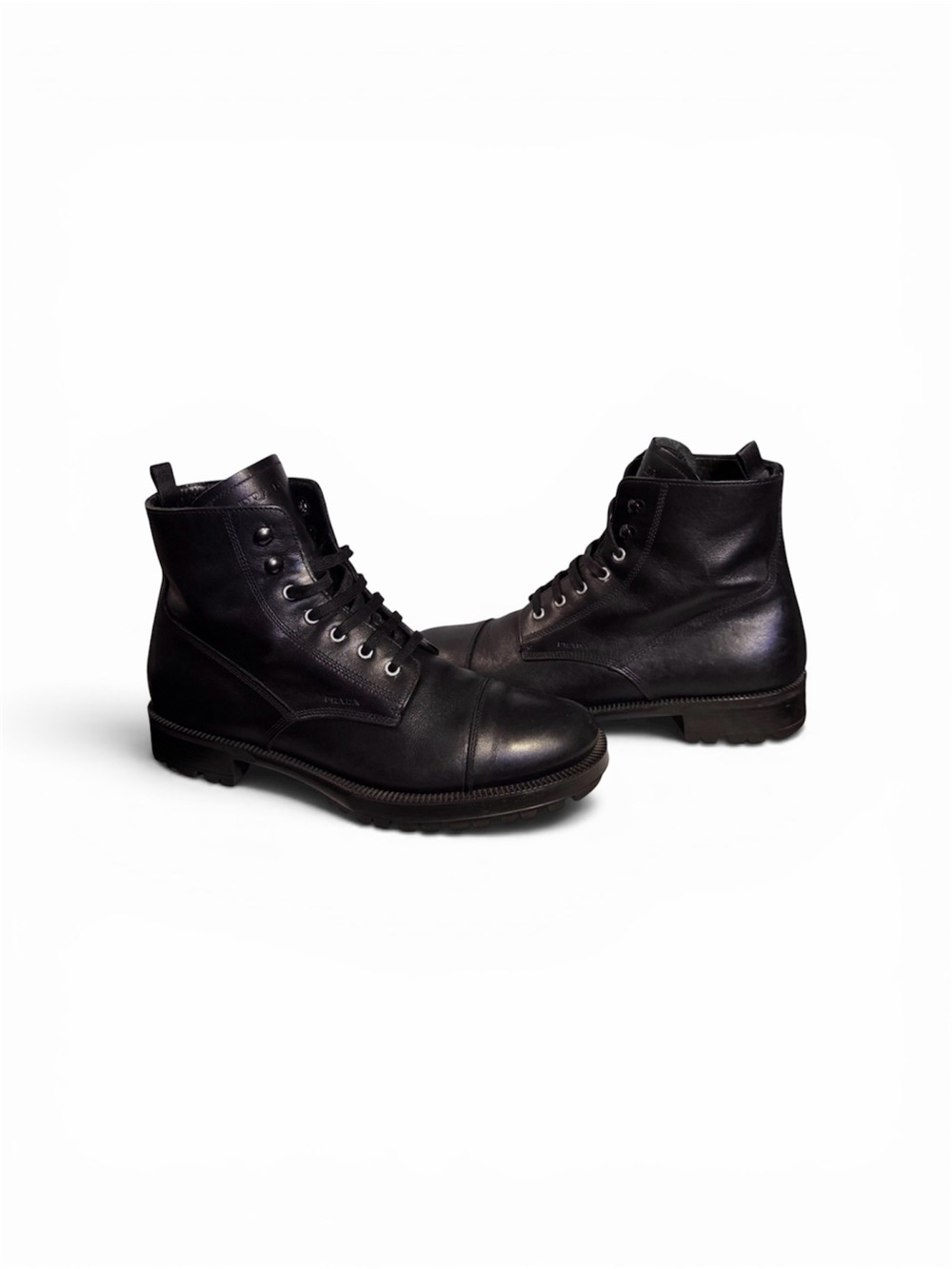 Prada Black Calf Leather Cap Toe Lug Sole Combat Boots Sz 9 Eu 42 Made In Italy